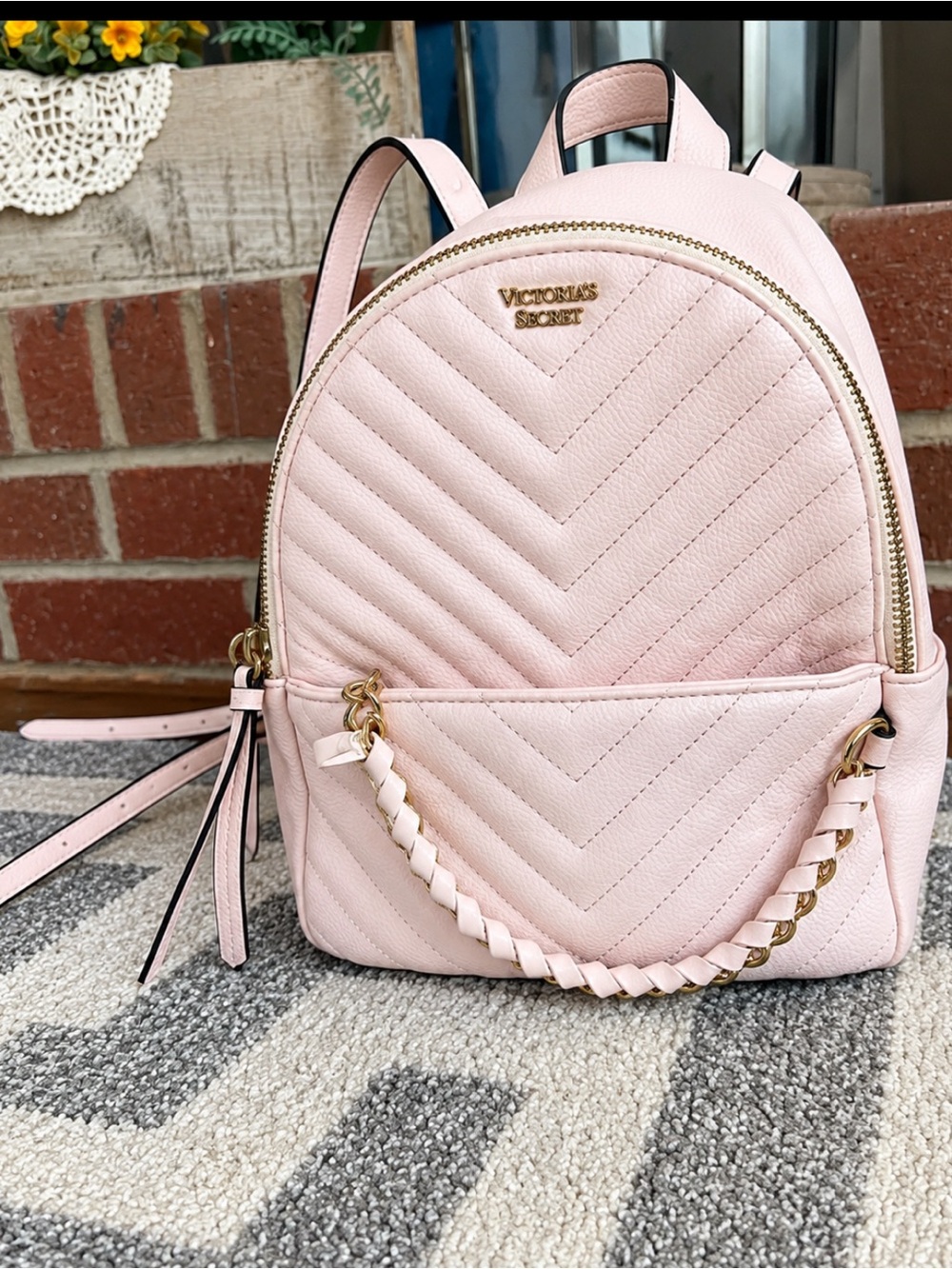 Victoria's Secret Pale Pink Quilted Mini Backpack with Gold Chain